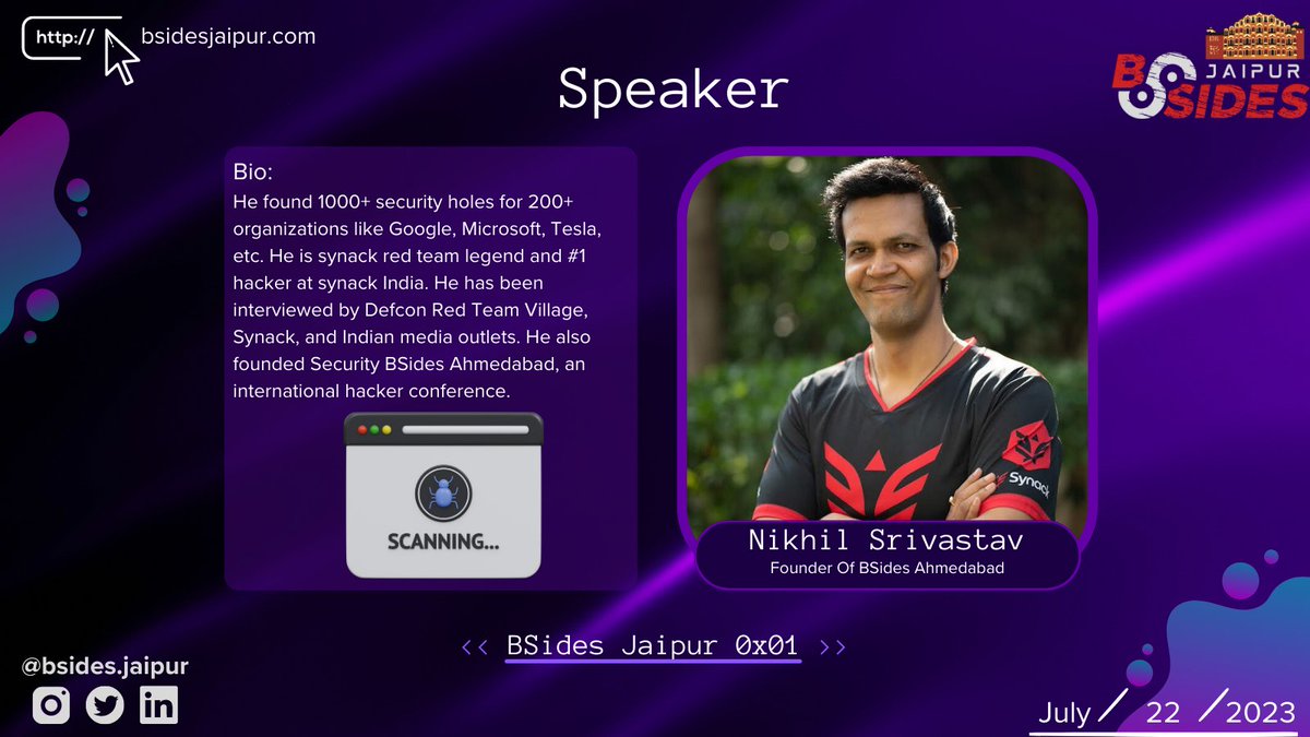 🎉 Exciting news! Our next speaker is a cybersecurity legend who's uncovered 1000+ vulnerabilities for 200+ companies, including Google, Microsoft, Tesla, and Salesforce. Don't miss out on insights from this #1 hacker in India! 🔒💻 
<a href="/niksthehacker/">nikhil(niks)</a> 

#BSidesJaipur #conference