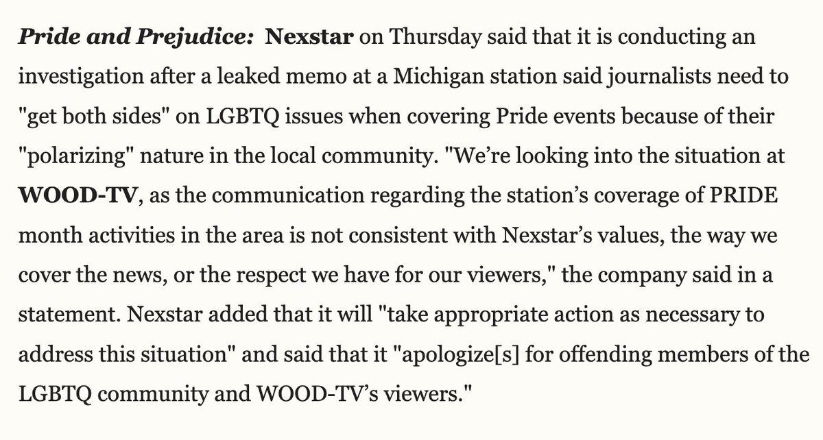 'A leaked memo at a Michigan station said journalists need to 'get both sides' on LGBTQ issues when covering Pride events because of their 'polarizing' nature...' view.newsletters.cnn.com/messages/16868…