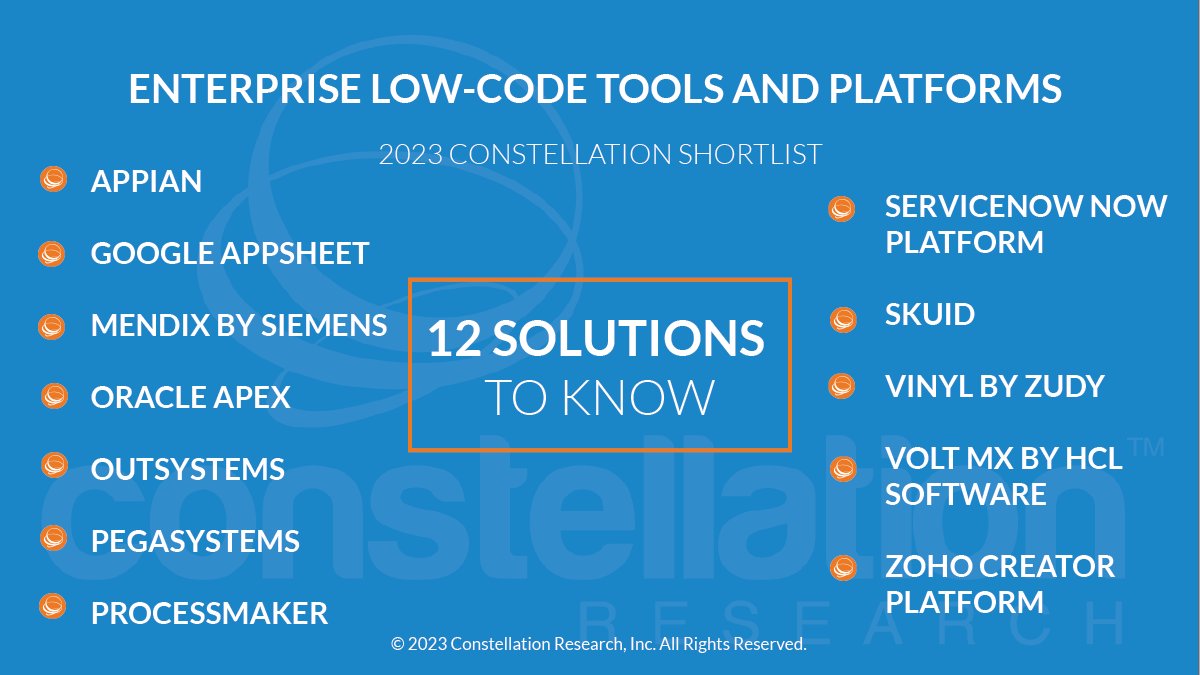 constellationr's tweet photo. Catch the ShortList for Enterprise Low-Code Tools & Platforms by @holgermu & @dhinchcliffe https://t.co/MAgeGu5L1I @Appian @googlecloud @Mendix by @Siemens @OracleAPEX @OutSystems @pega @processmaker @servicenow @skuidify Vinyl by @ZudySoftware VOLT MX BY @hcltech @zohocreator https://t.co/iKcTkGmJxC