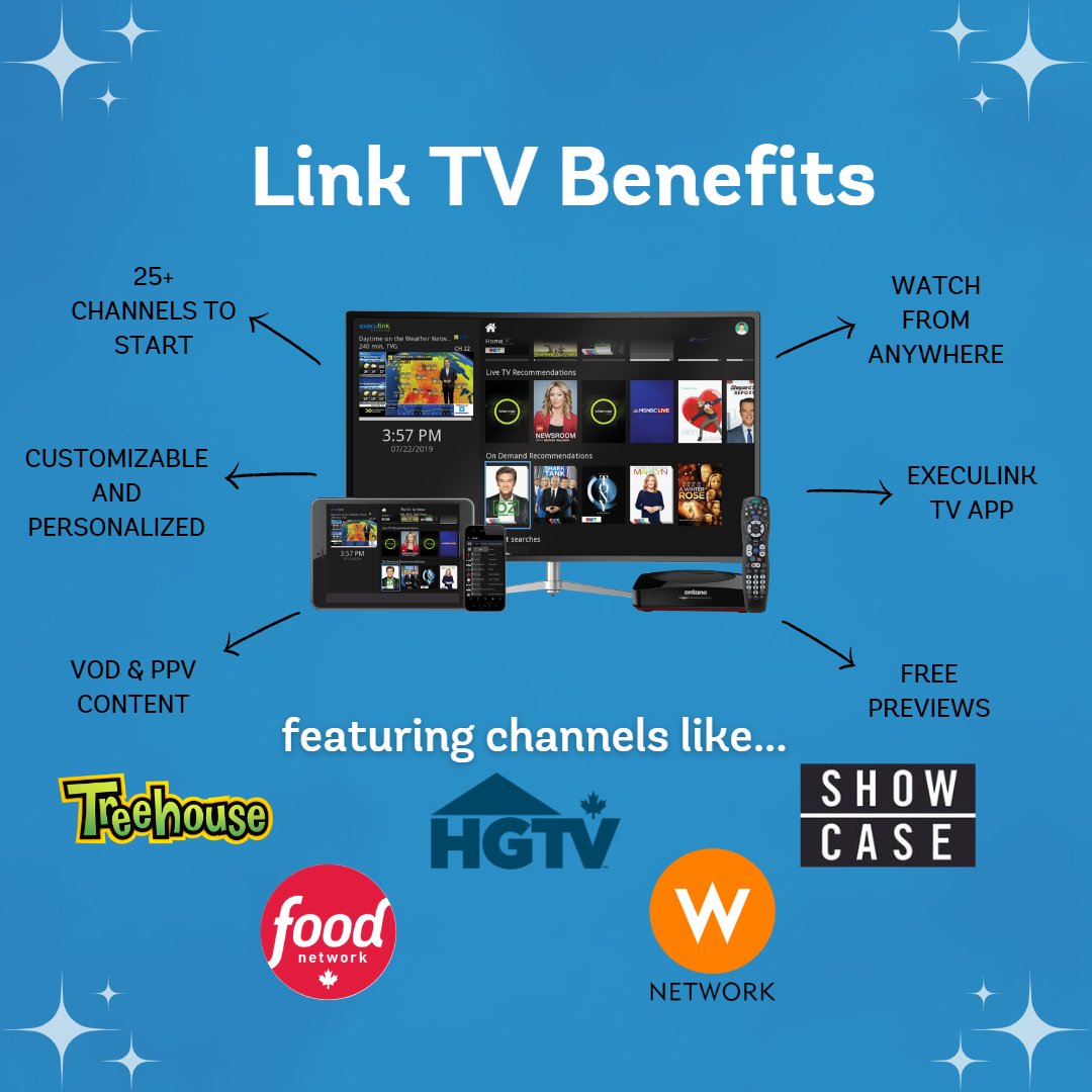 Execulink's tweet image. With Link TV, you have the power to personalize your viewing experience. Choose from a wide range of channels and create your own unique lineup. We've got you covered with the most popular channels, ensuring you never miss out on the best content! hubs.ly/Q01S_Lcy0 #LinkTV