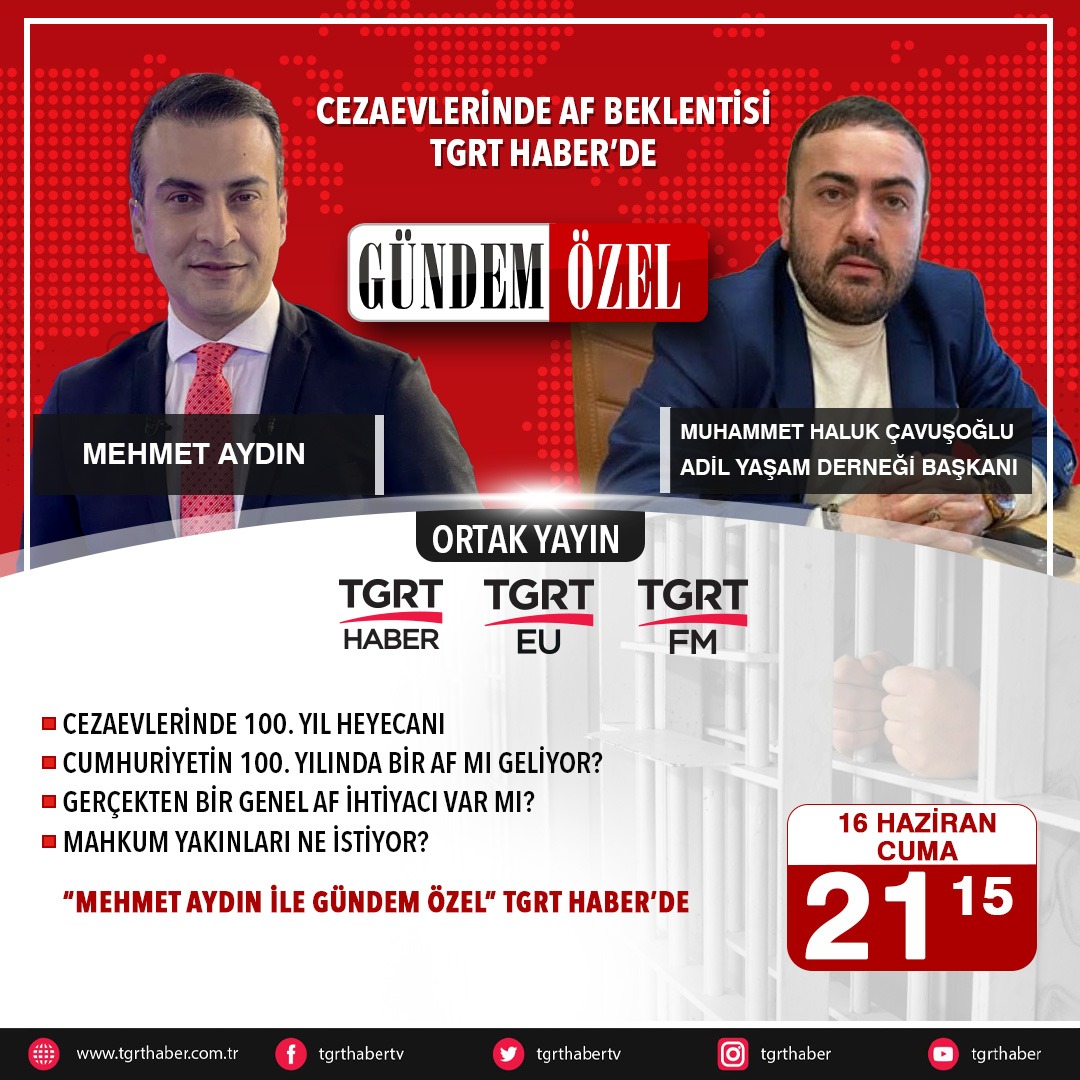 tgrthabertv's tweet photo. 📌Cezaevlerinde 100. yıl heyecanı
📌Cumhuriyetin 100. yılında bir af mı geliyor?;
📌Gerçekten bir genel af ihtiyacı var mı?
📌Mahkum yakınları ne istiyor?

Mehmet Aydın İle Gündem Özel'de @mehmetaydintv https://t.co/30VdrSMVzX
