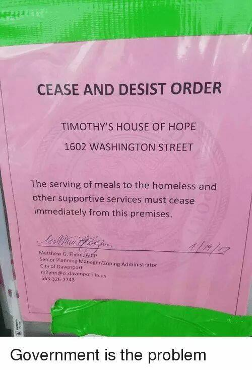 Without government, who would fine you for feeding the homeless?!

Seriously, every f***ing time I hear 'Churches should feed more people! The homeless should be allowed to sleep in the pews!'

Then you tell them that government has made that illegal.