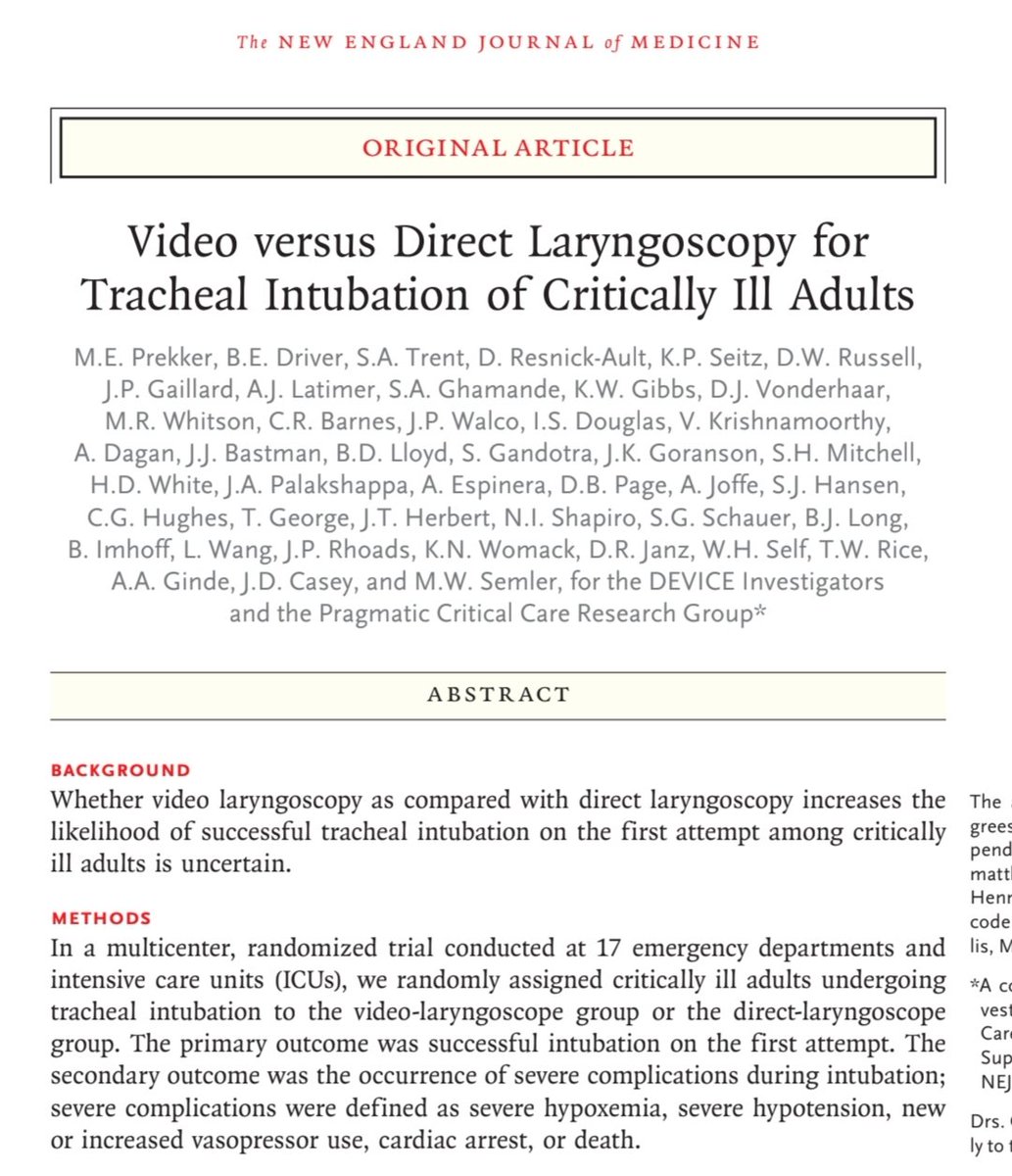 The results from our DEVICE trial are out in the <a href="/NEJM/">NEJM</a> .  In this RCT, direct laryngoscopy was inferior to video laryngoscopy for first-pass success.

In fact, it was so inferior that we had to stop the trial early after DSMB review due to the clear benefit of VL.

This is the 🔨