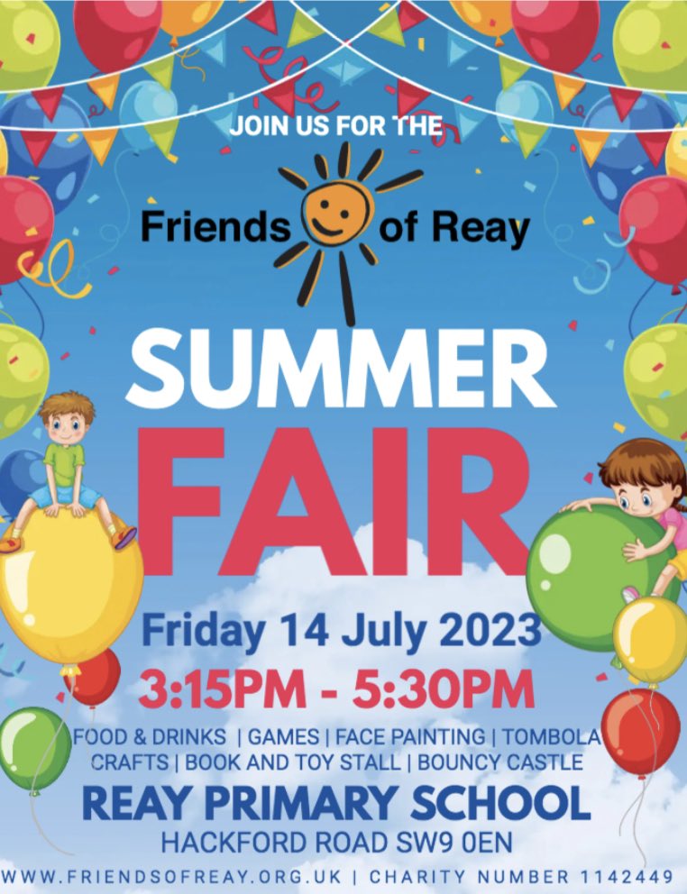 Save the date for the Reay Primary School Summer Fair on 14 July 2013 ☀️We’re on the look out for raffle donations, if you can support us please DM.  #summerfair #raffle #raisingmoney #schoolfunds #lambeth #community @ReayPrimary Pls RT