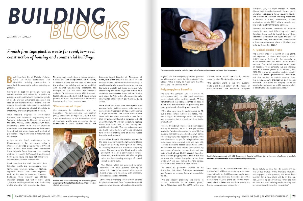 Plastics_Mag's tweet image. Building Blocks - Finnish firm tops plastics waste for rapid, low-cost construction of housing and commercial buildings. Full article: 7998076a.flowpaper.com/SPEPEMagazineM…

#Plastics #PlasticsEngineering #PlasticsWaste #Construction
