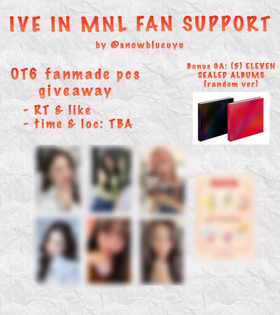 snowblueuyu's tweet photo. ✨#IVEINMNL2023 GIVEAWAY✨

✏️ 1:1 ratio (limited qty) 
📢 time &amp; location: TBA
🤝 open for trades (pc set only)

For ELEVEN sealed albums:
🪧 Dives who doesn't have Eleven album yet (please be honest 🥹)
🪧 first come, first serve basis! 

See you tomorrow Dives! 🥰 https://t.co/ZkFDPnLDrH