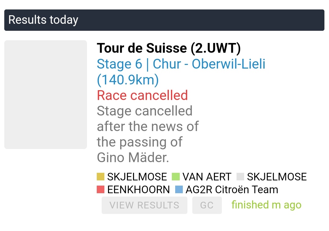 Very respectfull decision to cancel the race. 

Human aspects outweigh commercial aspects of cycling competition. 

R.I.P. Gino Mader