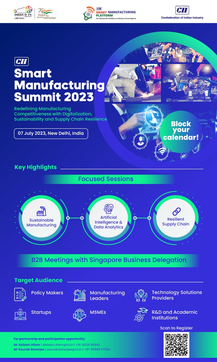 CII4MfgIndia's tweet photo. 📢: CII is organizing "Smart Manufacturing Summit 2023" with the theme "Redefining Manufacturing Competitiveness with #Digitalization, #Sustainability &amp; #SupplyChain Resilience."

🗓️ Date: 7th July 2023
📍 Location: New Delhi
🔗 Registration Link: https://t.co/ny99tuWVQN. https://t.co/9cvvnHOzPh