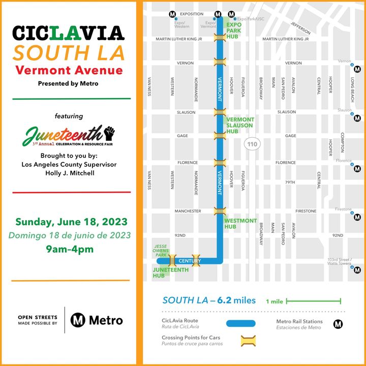 Walk, jog, or bike during the next CicLAVia-South LA on Sunday, June 18th, from 9 am – 4 pm. Explore what L.A. has to offer!  🏃🚲🛹 This event will feature the 3rd annual Juneteenth Celebration and Resource Fair brought to you by Los Angeles County Supervisor @HollyJMitchell.