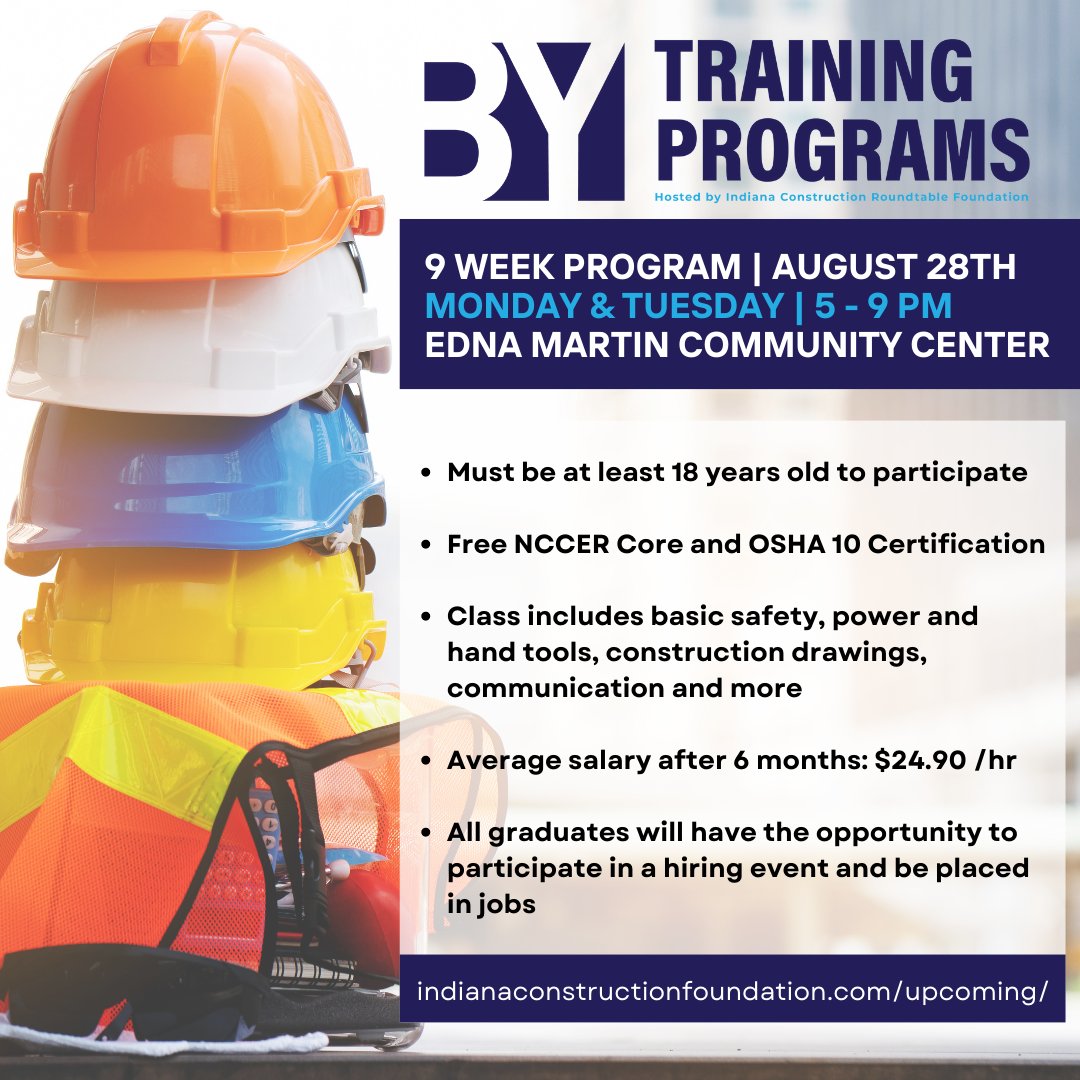 Want to start a career in the construction industry & aren't sure where to start?
Register for the free BY Construction Training classes! Our students will spend 9 weeks learning the construction basics & earning their NCCER & OSHA 10 certs. Register: indianaconstructionfoundation.com/events/84-by-c…