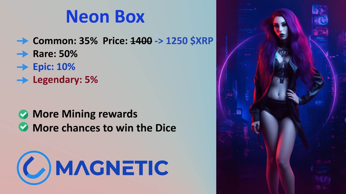 🟢NFT Boxes | Discounts #NFT #XRPL #Magnetic

Discount for Magnetic NFT boxes

Common Box: 700 XRP -> 450 XRP
Ultimate Box: 5500 XRP -> 3500 XRP
Neon Box: 1400 XRP -> 1250 XRP
➡️ Buy NFT BOX: t.me/MagneticTicket… (NFT Boxes->Magnetic Girls)