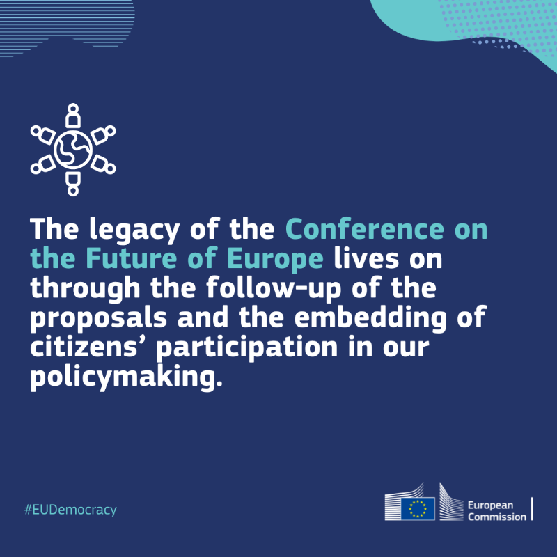 EU_Commission's tweet photo. One year after the Conference on the Future of Europe: where do we stand with the citizens' proposals?

The Conference submitted 49 proposals and the EU listened.

To date, we drew up the first line of action on those proposals ↓