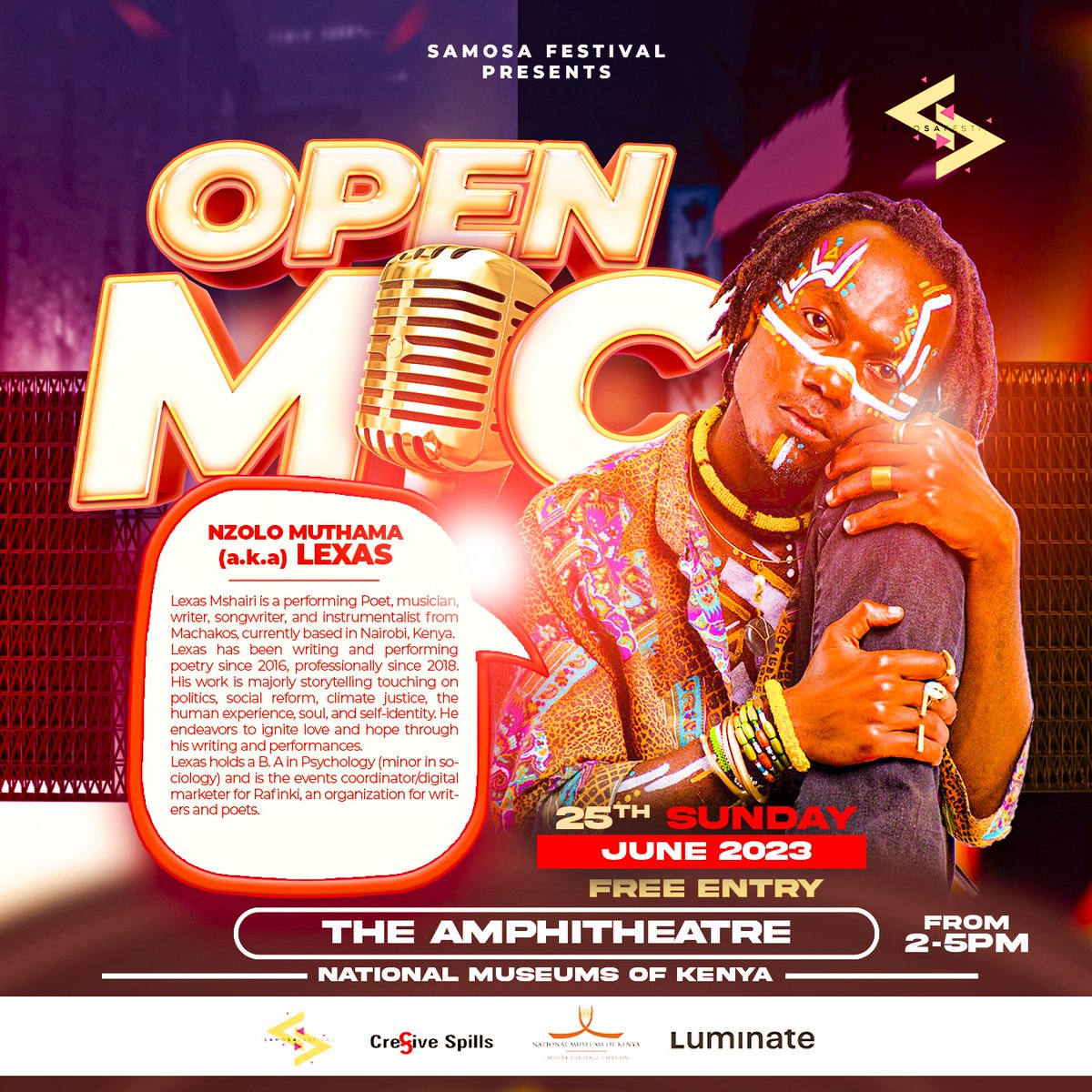 SamosaFestival's tweet photo. This Sunday we got you covered with deep cutting music and poetry fusion by the very talented @Lexasmshairi as from 2-5PM at the @museumsofkenya 
Come share with your friends and family in the artistic realm.
@cre8ivespills @luminategroup @AwaazMagazine @Javan_thepoet @kot https://t.co/8hJqVT5K4H