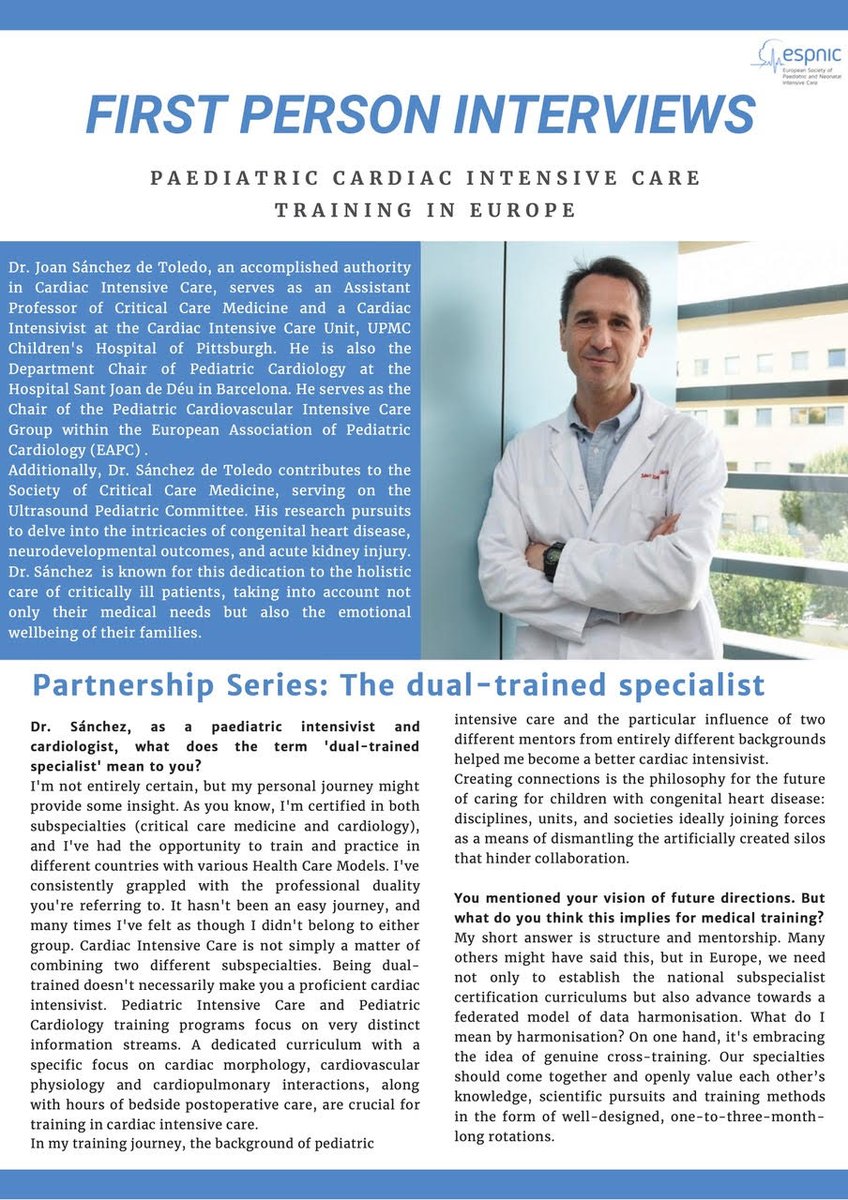 ESPNIC_Society's tweet photo. #PedsCICU #FirstPersonInterviews
Partnership Series - Episode three🚀
Paediatric Cardiac Intensivist and Cardiologist, Dr Joan Sánchez de Toledo splits his time between the two disciplines in 2 continents at @SJDbarcelona_es & @ChildrensPgh 🙌🏻
Click & enjoy the full interview 👇 https://t.co/7lrfu4SQZ9