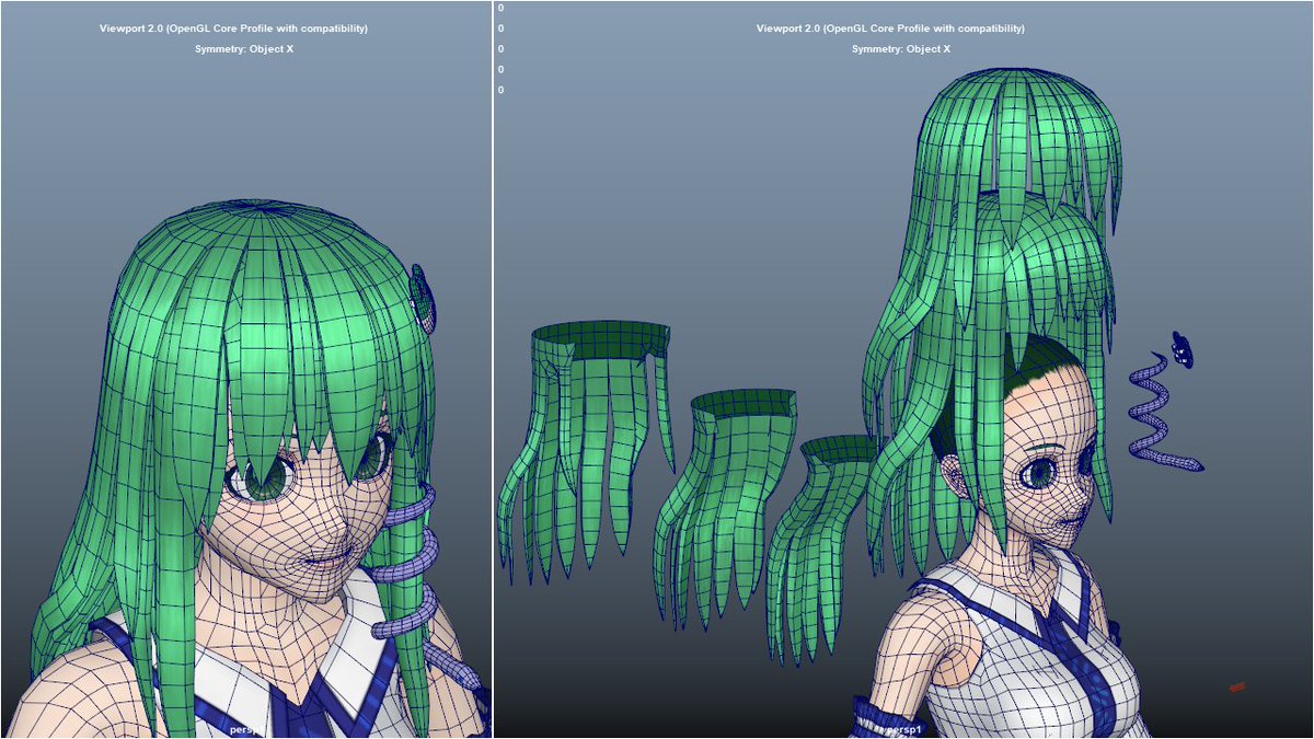 Sanae for Touhou Multi Scroll Shooting 3.
These are her hair meshes structure.
#touhouproject 
#東方Project
#東風谷早苗
#3Dmodelling 
#gamedevelopment