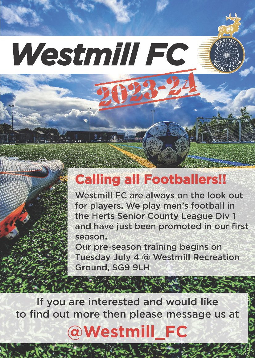 Pre season training will start back Tuesday 4th July. Meet @ 6:30pm, Westmill Recreation Ground SG9 9LH.

After a strong first season being promoted to Div 1, we are on the look out &amp; welcoming new players to the mill.⚽️ #UTM