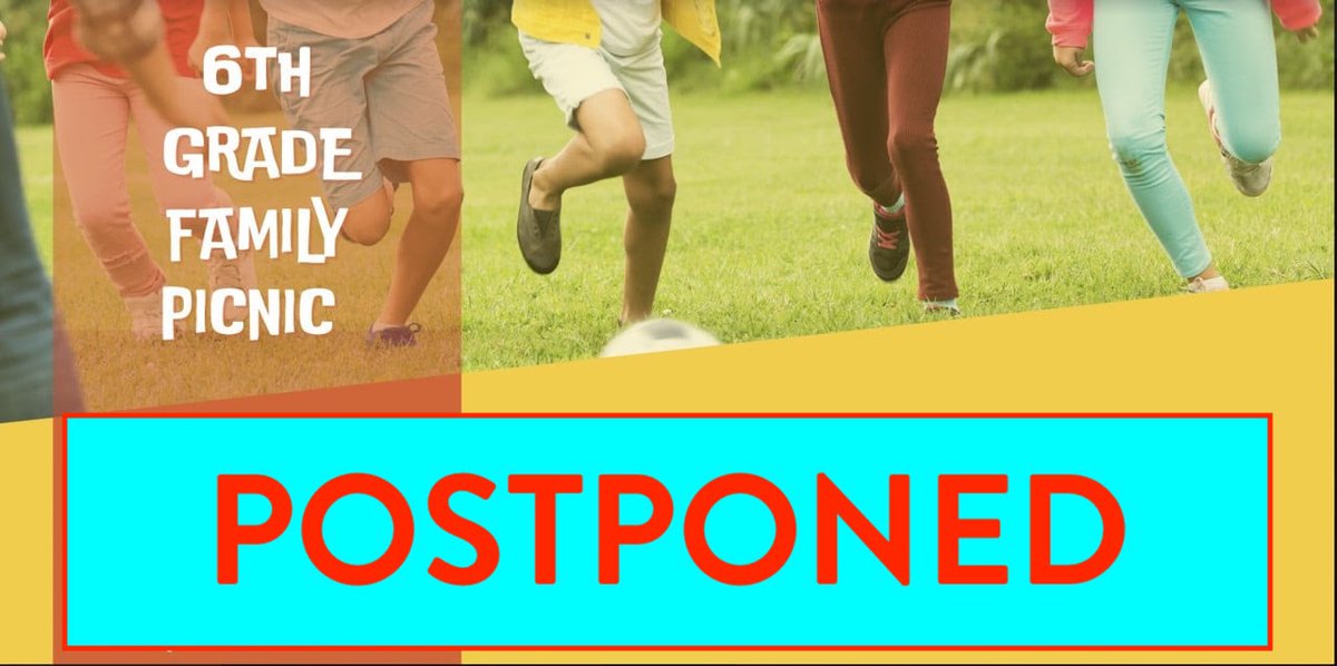 ms54pta_btw's tweet photo. 6TH GRADE PICNIC POSTPONED

Today’s picnic for 6th grade families has been postponed due to rain in the forecast. Stay tuned for updates on a makeup event. https://t.co/O3Pv4Cy5lU