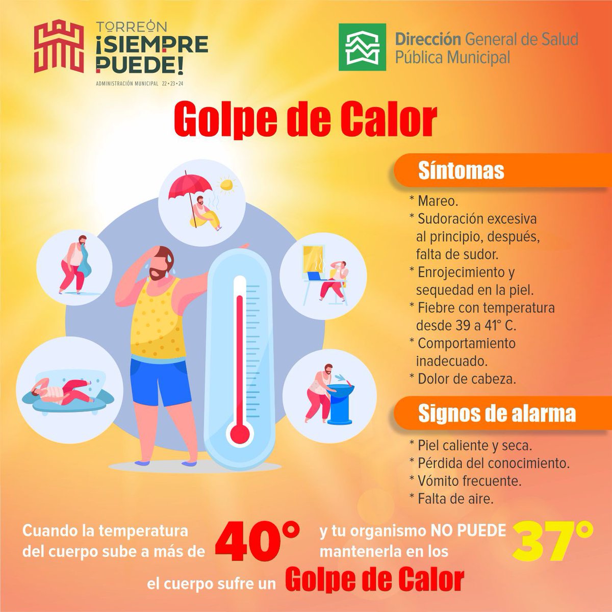 Ante el aumento en la temperatura registrado los últimos días, la Dirección de <a href="/saludpublicatrc/">Salud Pública Municipal</a> hizo una serie de recomendaciones a la ciudadanía para evitar los llamados “golpes de calor”.

☀️ Hidratarse con agua natural o electrolitos
☀️ Consumir alimentos bien cocidos