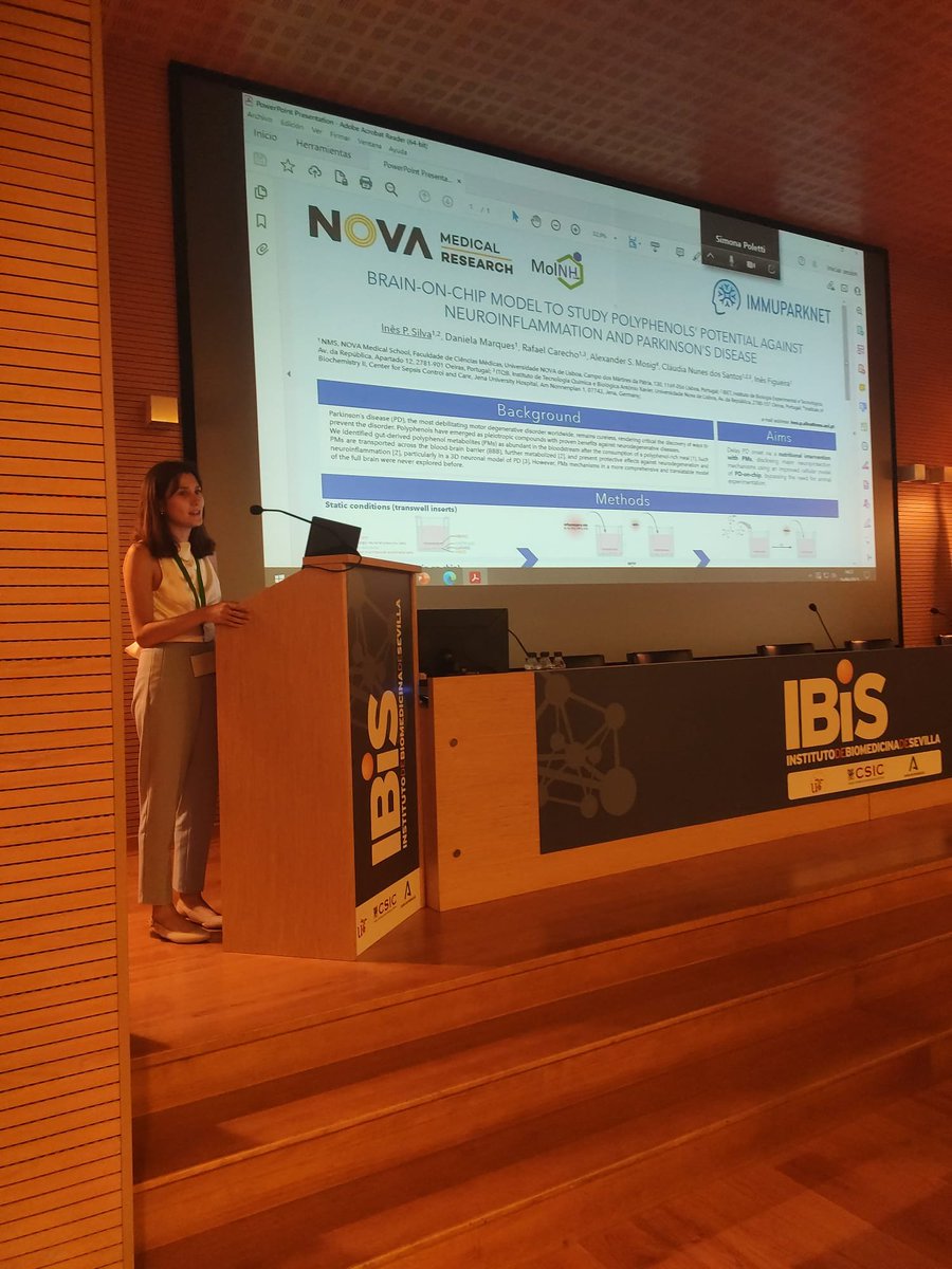 <a href="/inespsilva04/">Inês P. Silva</a> at <a href="/immuparknet/">Immuparknet COST ACTION 21117</a> COST action meeting in <a href="/ibis_sevilla/">IBiS</a> reveals Brain-on-chip model to study polyphenols' metabolites potential against neuroinflammation/PD - a new exciting #PERCEPT project led by <a href="/ines_figueira88/">Inês Figueira</a>.Gratitute to <a href="/fct_pt/">FCT - Fundação para a Ciência e a Tecnologia</a>  for the support!@nova_medschool