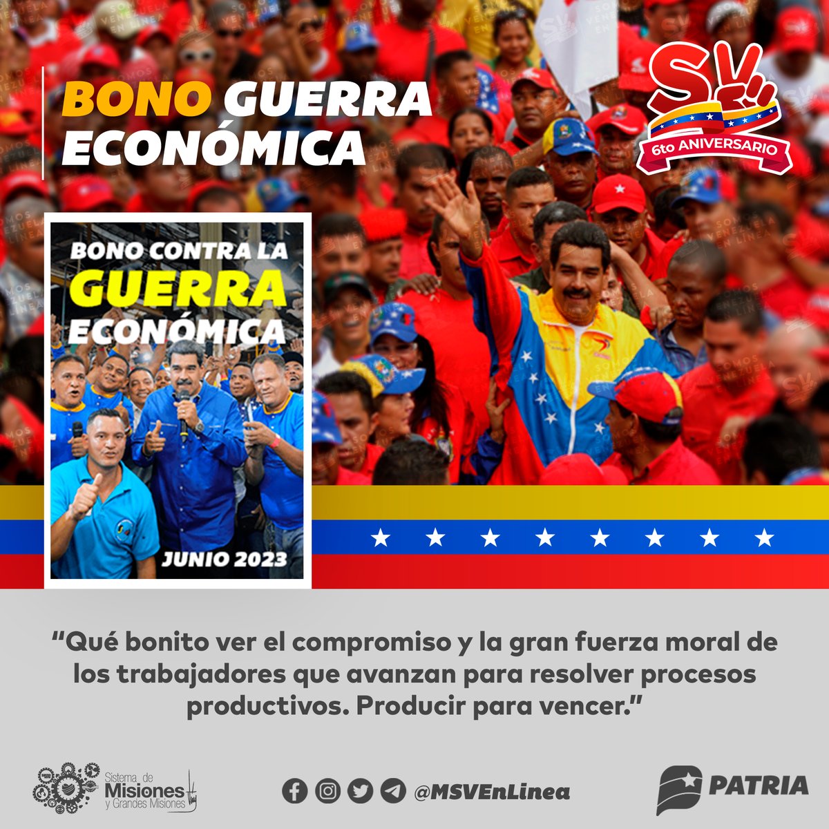 🚨 #ÚLTIMAHORA || El día de ayer Inicio la entrega del #BonoContraLaGuerraEconómica (Junio 2023) a través del Sistema @CarnetDLaPatria para los trabajadores activos enviado por nuestro Pdte. @NicolasMaduro. 🔔 Monto en Bs. 810,00 @MSVEnLinea #16Jun #NoMásAgresiónYankee