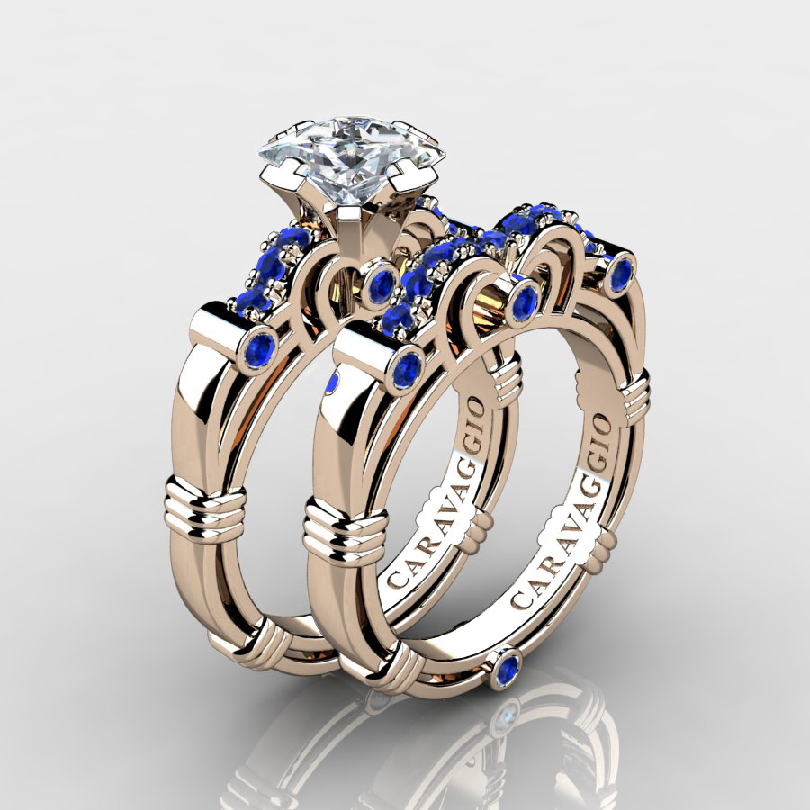 New in Popular Demand 💎 caravaggiojewelry.com/?p=433592 Art Masters Caravaggio 14K Rose Gold 1.25 Ct Princess White and Blue Sapphire Engagement Ring Wedding Band Set R623PS-14KRGBSWS by Caravaggio™ Jewelry