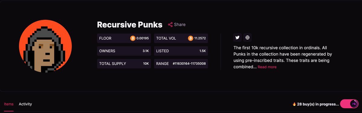 pronounsuponly's tweet image. 0.00195 BTC
listings down 25%
unique owners up 3%
11.25 BTC volume on @MEonBTC
@recursivepunks minted for free 5 days ago