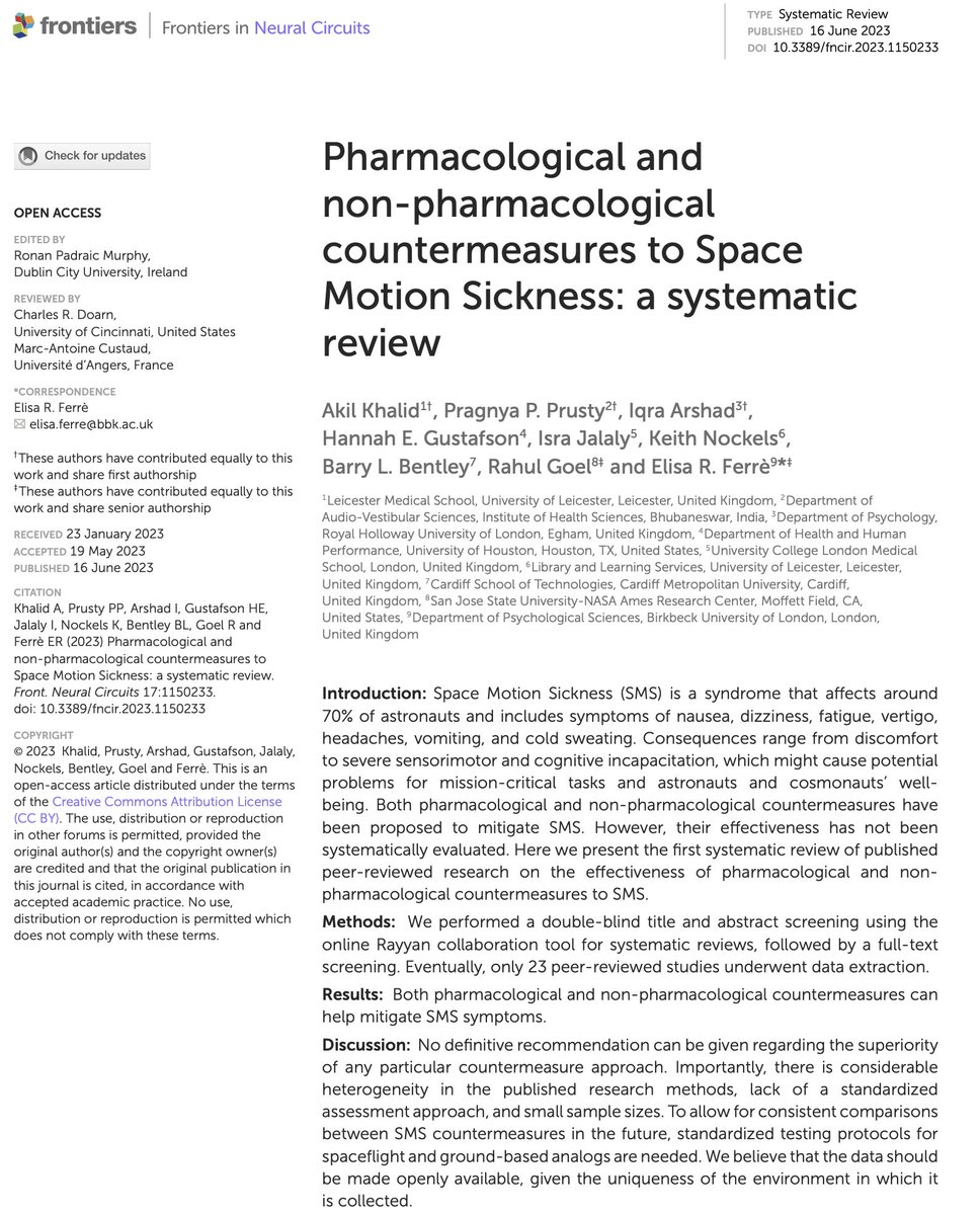 New paper out 🚀 "Pharmacological and non-pharmacological countermeasures to Space Motion Sickness: a systematic review" Many thanks to <a href="/SGAC/">SGAC</a> and <a href="/UKSpaceLABS/">UKSpaceLABS</a> for supporting this international collaboration! <a href="/BirkbeckUoL/">Birkbeck, University of London</a> <a href="/BirkbeckScience/">Birkbeck, Faculty of Science</a> 

>> Link below!