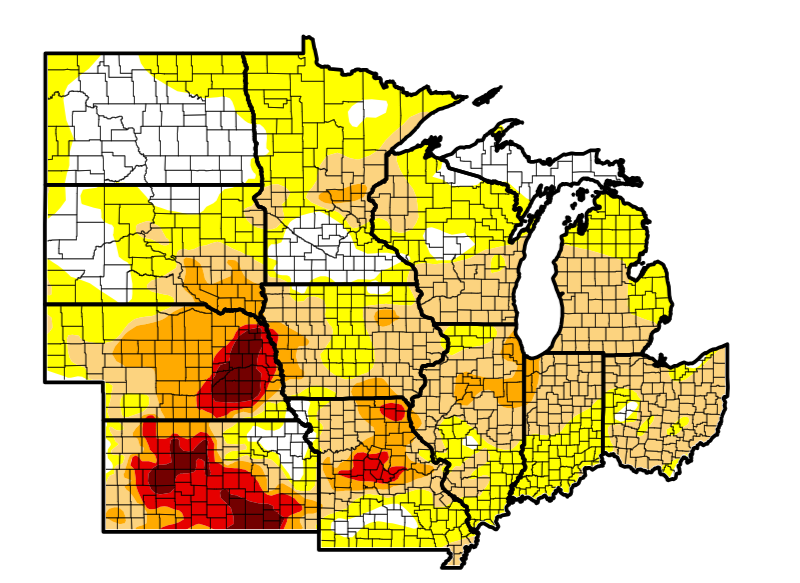 Are you taking under/over on July 12 for a U.S. corn yield at 181.4 bpa? #midwest crop conditions worsen with 89% suffering from at least D0 #drought conditions & 48% at least D1. An increase of 4.5% & 16.6% respectively from last week. Only 10% remains drought free. @OntAg @NOAA
