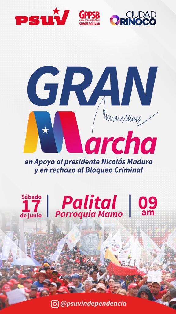 ¡Este sábado 17 de junio nos vamos pa' la calle! 

Todas y todos a la gran marcha en apoyo al presidente @NicolasMaduro, y en rechazo a las sanciones y al bloqueo criminal.🇻🇪 

@partidopsuv 

#NoMásAgresiónYankee #psuvanzoategui #anzoategui #psuv