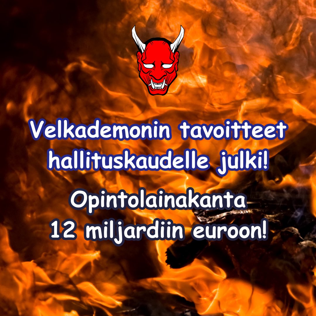 velkademoni's tweet photo. vaikuttamistavoitteeni hallituskaudelle ovat julki. syöstään opiskelijat velkahelvetin kurimukseen ja KAKSINKERTAISTETAAN OPINTOLAINAKANTA! vahva ja välittävä velkademoni pitää pahoinvoinnista. hyppää kyytiin, meillä taitaa olla sama suunta. #hallitusohjelma https://t.co/QfK7HYOioR