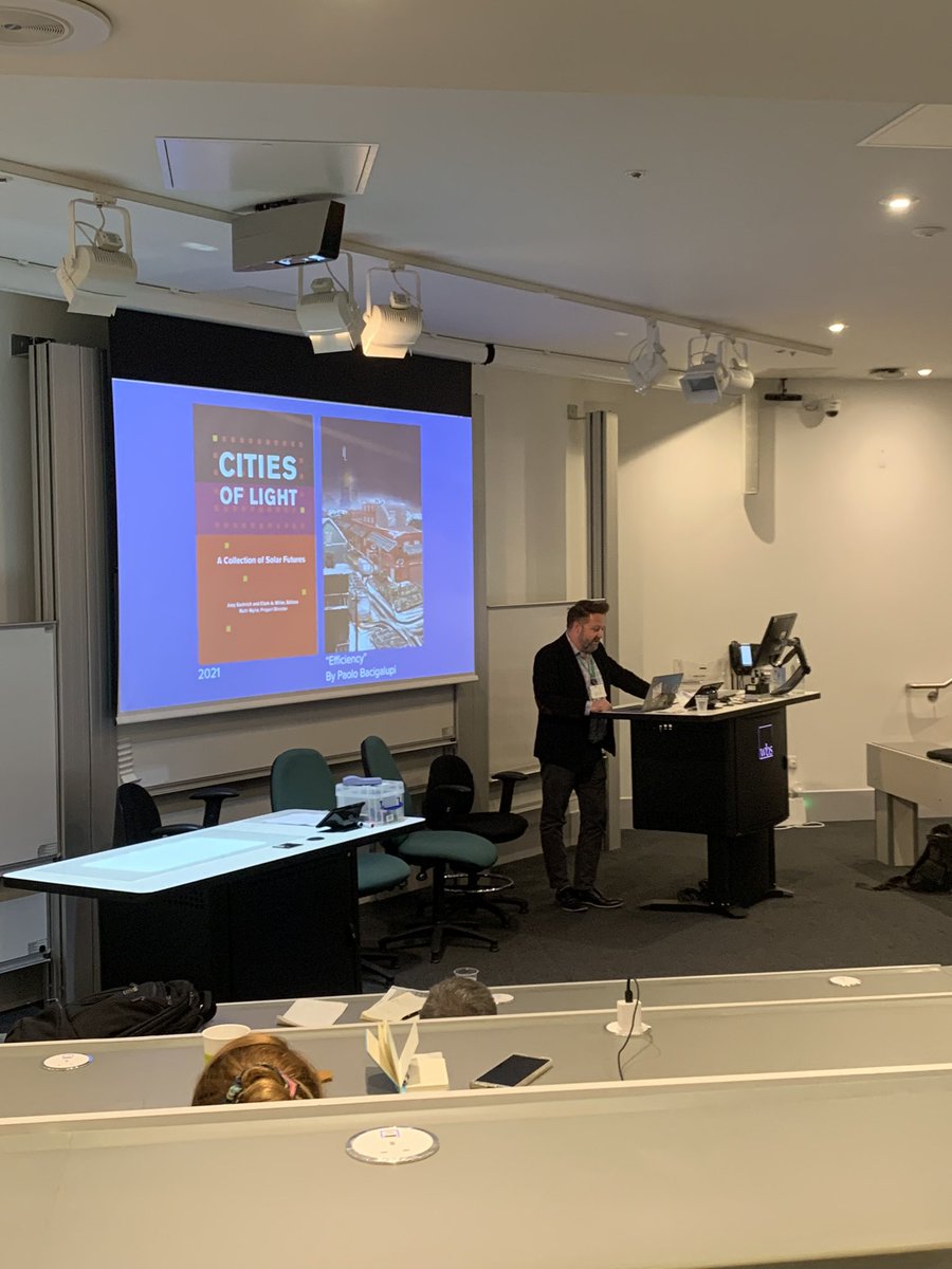 Love to see <a href="/imaginationASU/">ASU CSI</a> works in the wild! Phillip M Crosby discusses Paolo Bacigalupi’s “Efficiency” from the collection at #unbuilding23. You can download the book for free from ASU CSI’s website! csi.asu.edu/books/cities-o…