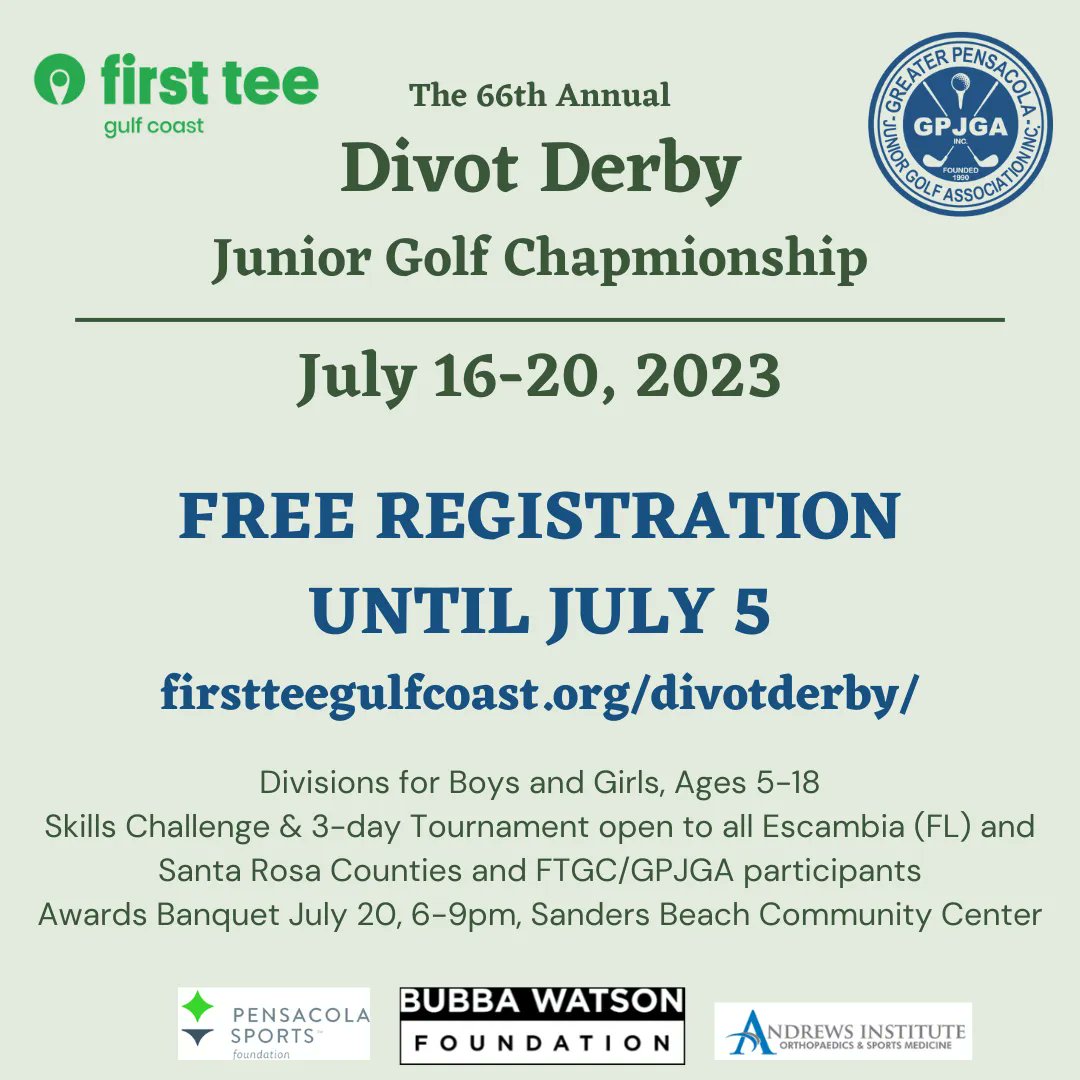 FirstTee_GC's tweet image. Divot Derby Registration is now LIVE!

Registration is FREE until July 5, so sign up asap!

All details are online at firstteegulfcoast.org/divotderby/

@pensacolasports 
#GPJGA #juniorgolf #firsttee #pensacola #pensacolasports #bubbawatson #andrewsinstitute #championship