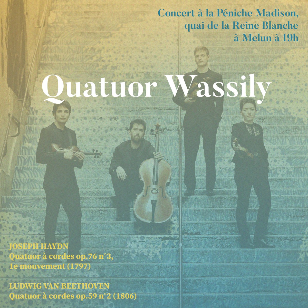 La 24e édition des Rencontres musicales en Seine-et-Marne s'achève demain en compagnie du Quatuor Wassily, avec une belle journée de concerts au bord de l'eau puis sur la Seine (péniche Madison).

Crème solaire et chapeaux de soleil de rigueur !

proquartet.fr/fr/concerts/se…