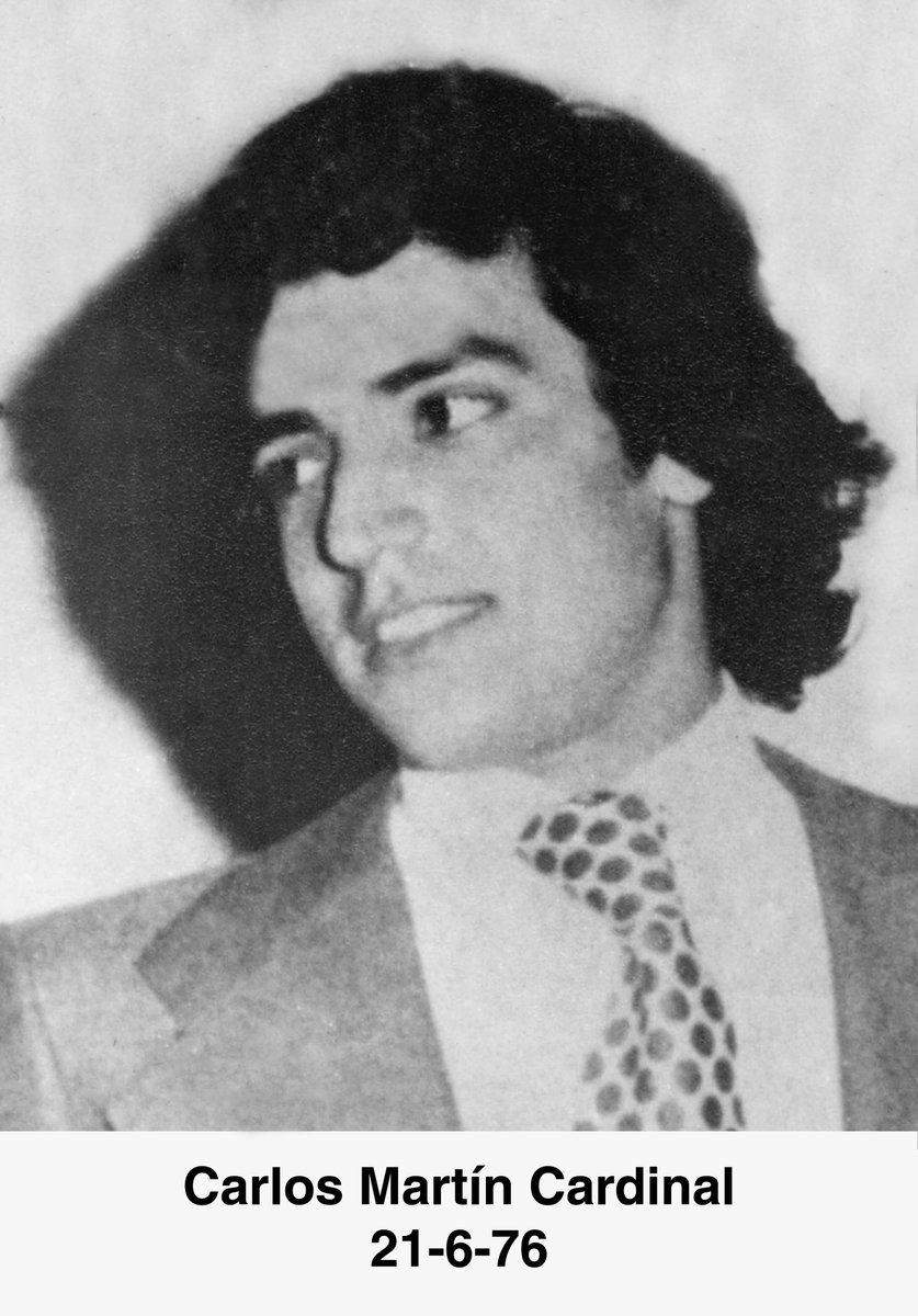 Impiegato di banca presso il 'Banco Del Oeste' e studente di economia,#CarlosMartinCardinal venne sequestrato a #BuenosAires il #21giugno 1976 dagli squadroni della morte dell'esercito argentino.Aveva 22 anni.
Non fu visto in nessun #CCD.
Scomparso.