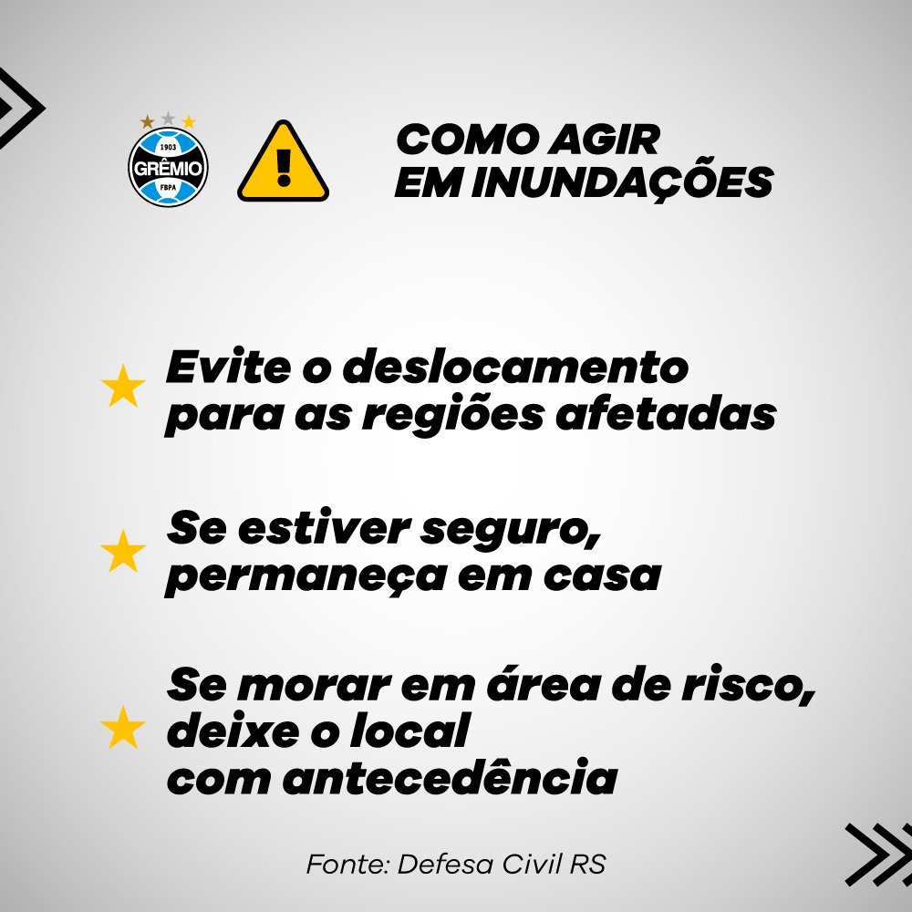 Gremio's tweet image. ⚠️ Se você foi atingido pelas fortes chuvas, busque ajuda pelos telefones úteis das equipes de suporte. Não esqueça de cadastrar o seu celular mandando um SMS para 40199 com o seu CEP para receber os avisos da Defesa Civil.

Hoje, a GrêmioMania da Arena fechará às 16h. Cuide-se!
