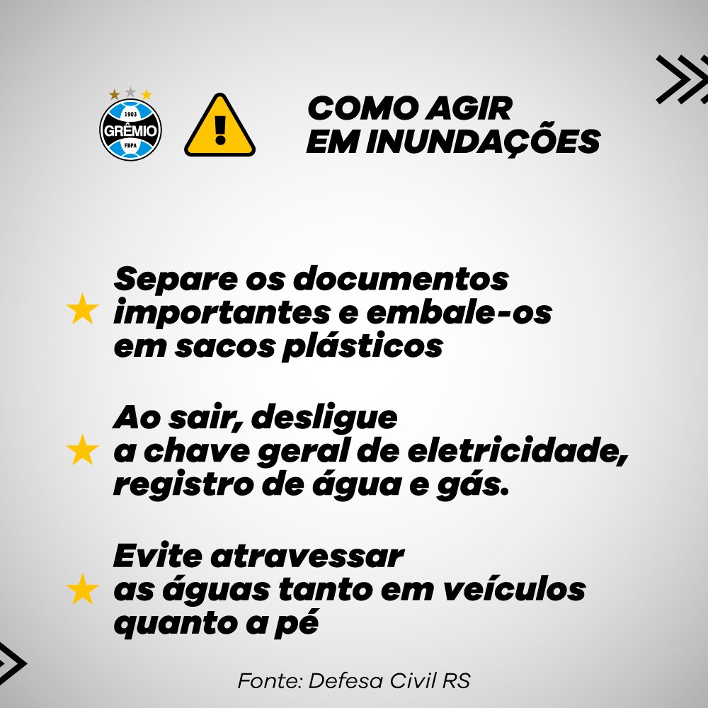 Gremio's tweet image. ⚠️ Se você foi atingido pelas fortes chuvas, busque ajuda pelos telefones úteis das equipes de suporte. Não esqueça de cadastrar o seu celular mandando um SMS para 40199 com o seu CEP para receber os avisos da Defesa Civil.

Hoje, a GrêmioMania da Arena fechará às 16h. Cuide-se!
