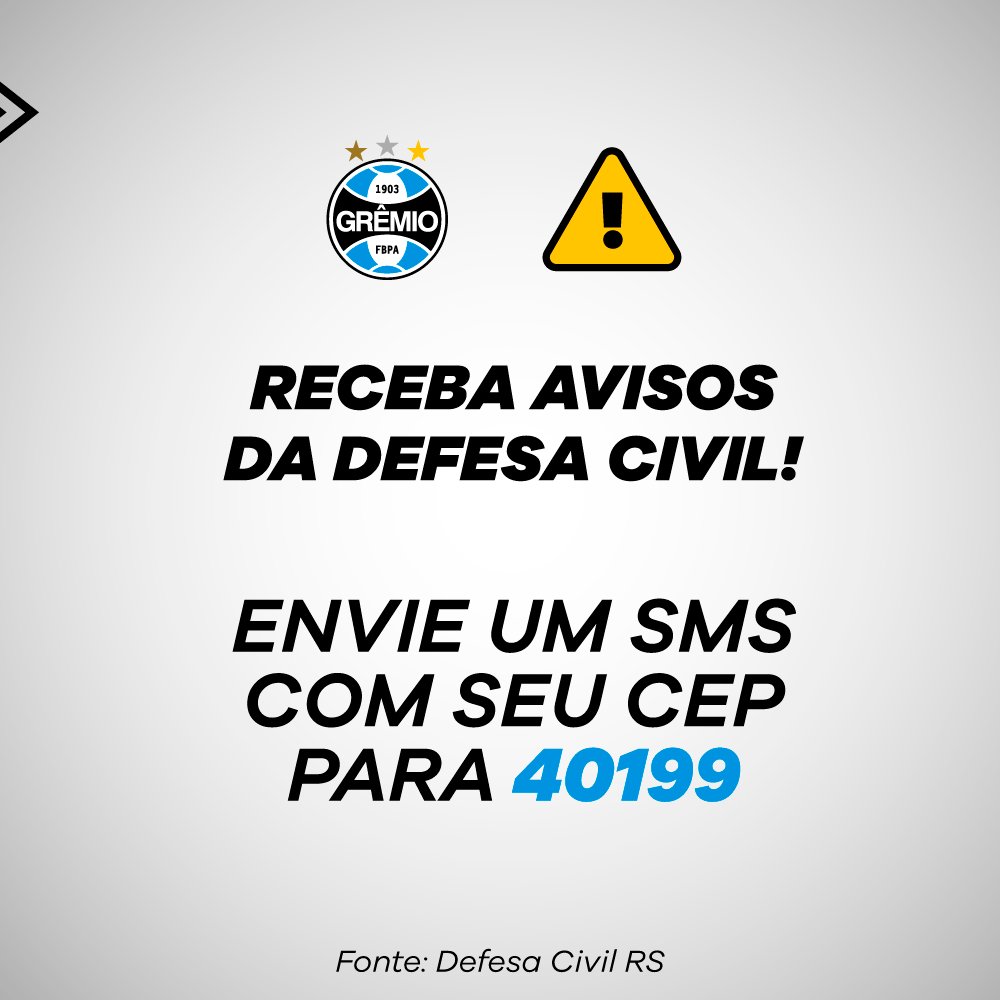 Gremio's tweet image. ⚠️ Se você foi atingido pelas fortes chuvas, busque ajuda pelos telefones úteis das equipes de suporte. Não esqueça de cadastrar o seu celular mandando um SMS para 40199 com o seu CEP para receber os avisos da Defesa Civil.

Hoje, a GrêmioMania da Arena fechará às 16h. Cuide-se!