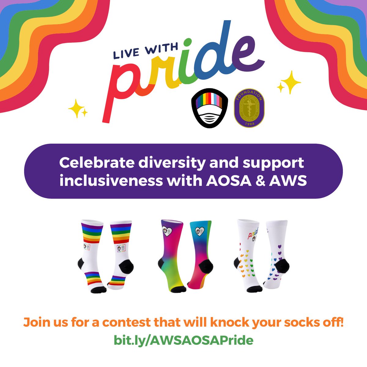 OutSurgeons's tweet photo. There is still time to order your socks!  Join @OutSurgeons and @WomenSurgeons in the PRIDE socks contest! Head to https://t.co/yHcvRa45LT to get fun PRIDE socks, post to Instagram or Twitter with the hashtag #AWSAOSAPride by 7/31, and be entered to win tix to the AWSF Gala! https://t.co/kJB3xOw8Tl