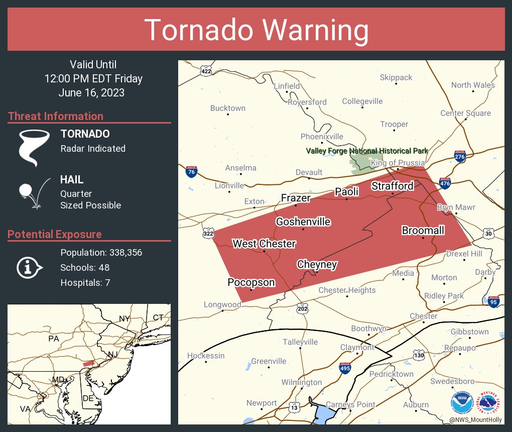 NWS Mount Holly on Twitter "Tornado Warning including West Chester PA, Broomall PA and Paoli PA