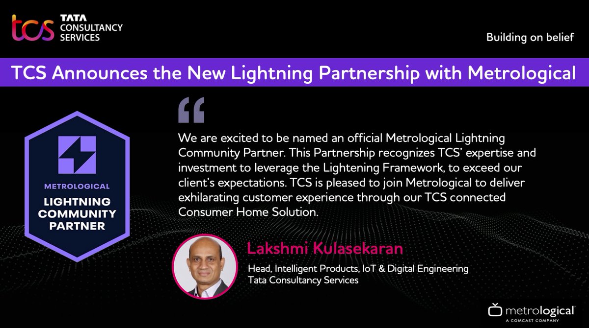 TCSDigitalTech's tweet photo. We're excited to announce our partnership with @Metrological, bringing a host of benefits to our clients building apps in #LightningJS.
Learn more about our IoT and Digital Engineering offering here: https://t.co/P8jRg2FqCK
#BringingLifetoThings #OTT #RDK https://t.co/62PrVPM320