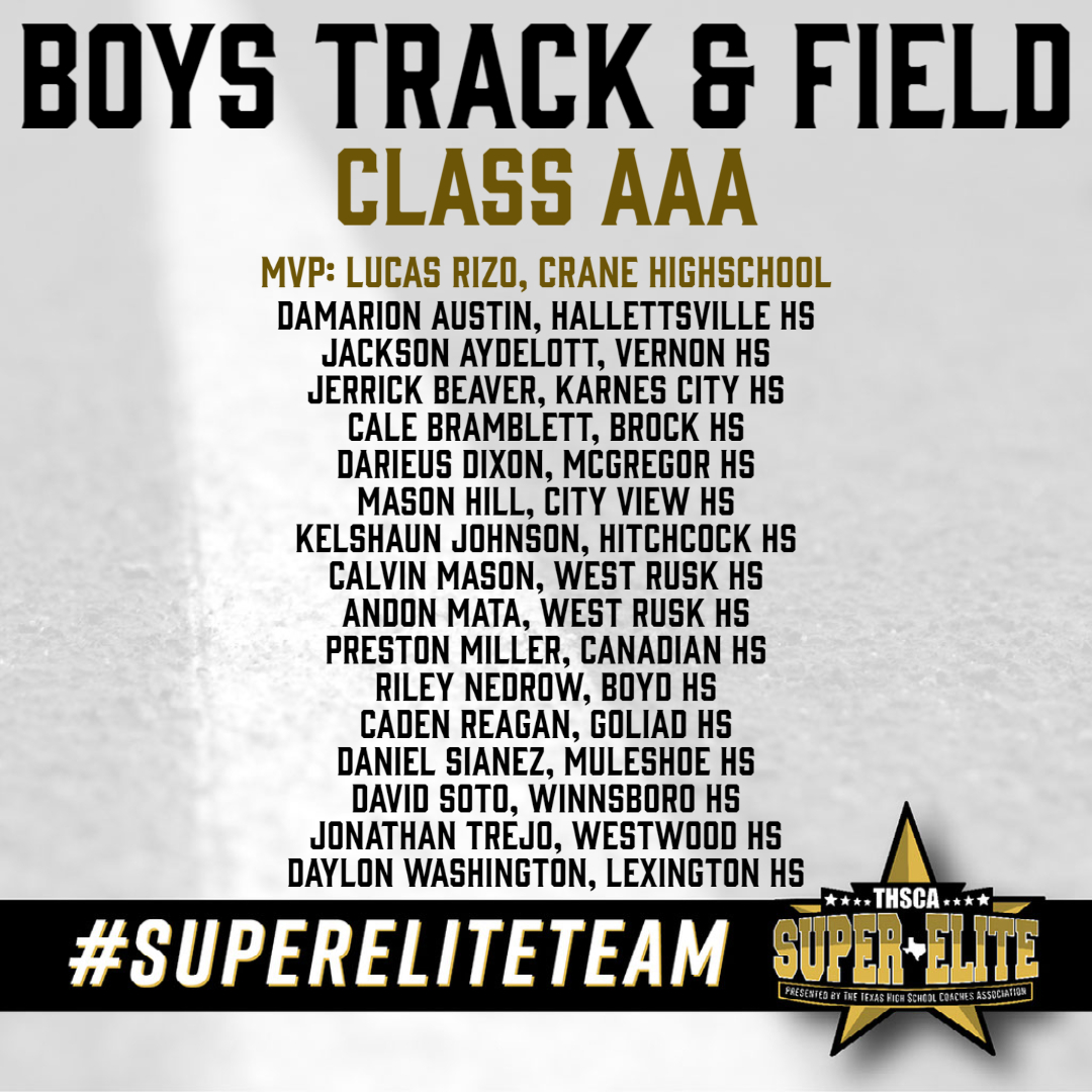 Congratulations to the THSCA 3A Boys Track & Field #SuperEliteTeam!👟 Your outstanding performance and dedication have earned you this statewide recognition!👏

thsca.com/super-elite-te…
@LucasRizo3  @32Dman12 @hbteams @KCTF7 @KarnesCityISD @BramblettCale @BrockIndSchDist…
