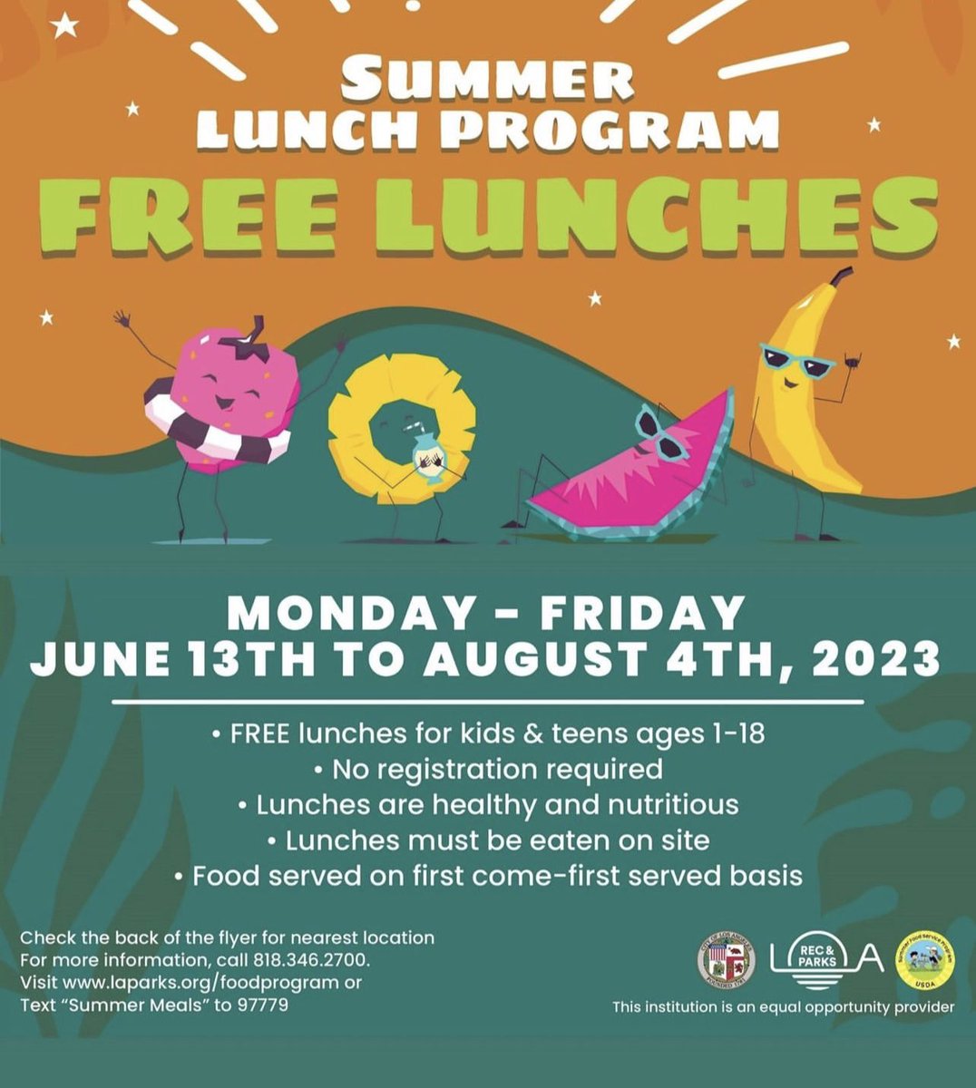 Summer Lunch Program for children ages 1-18 @LACityParks #freegroceries #freefood #freelunch #communityresources #communitycommunityresources #freeresources #childreninneed #losangeles #lacounty