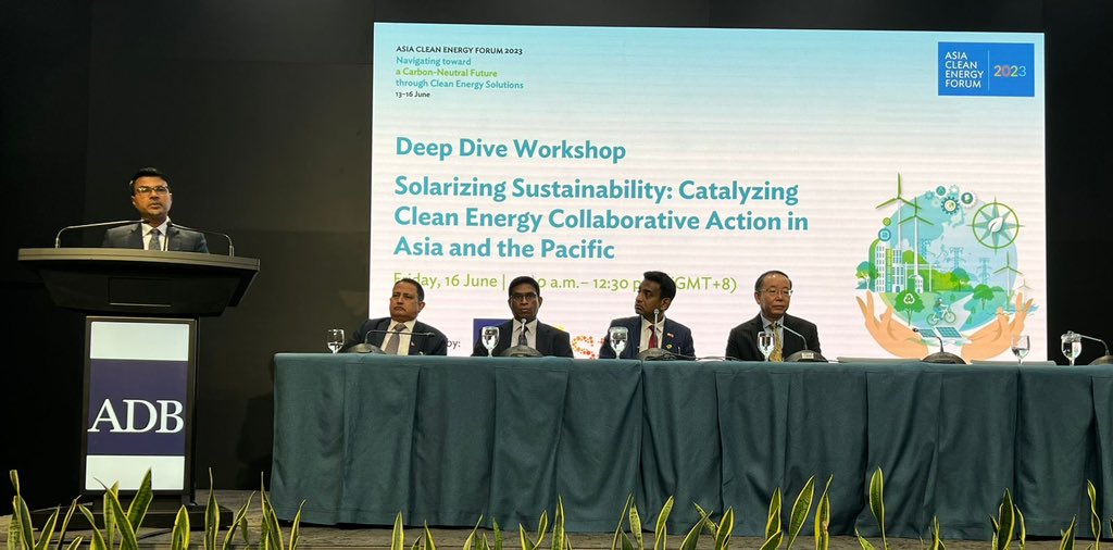 MoEnvmv's tweet photo. Deputy Minister @AliMaajidh , delivered keynote address at the Deep Dive Workshop Solarizing Sustainability: Catalysing Clean Energy Collaborative Action in Asia and the Pacific held at #ACEF2023 organised by @ADB_HQ. https://t.co/JKmfgM294d