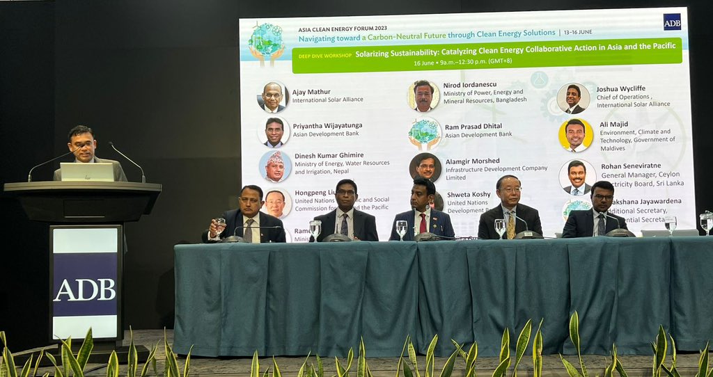 MoEnvmv's tweet photo. Deputy Minister @AliMaajidh , delivered keynote address at the Deep Dive Workshop Solarizing Sustainability: Catalysing Clean Energy Collaborative Action in Asia and the Pacific held at #ACEF2023 organised by @ADB_HQ. https://t.co/JKmfgM294d