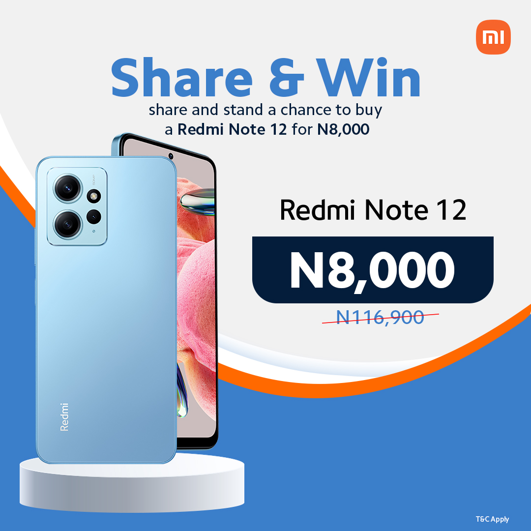🎉 Share and Win 🎉
Retweet this post, tag 5 friends and share a screenshot in the comment section for a chance to get the brand new Redmi Note 12 at an amazing price of just N8,000! Don't miss out on this amazing opportunity. Let's go!!!
#RedmiNote12
#XiaomiMidYearSale📱💰