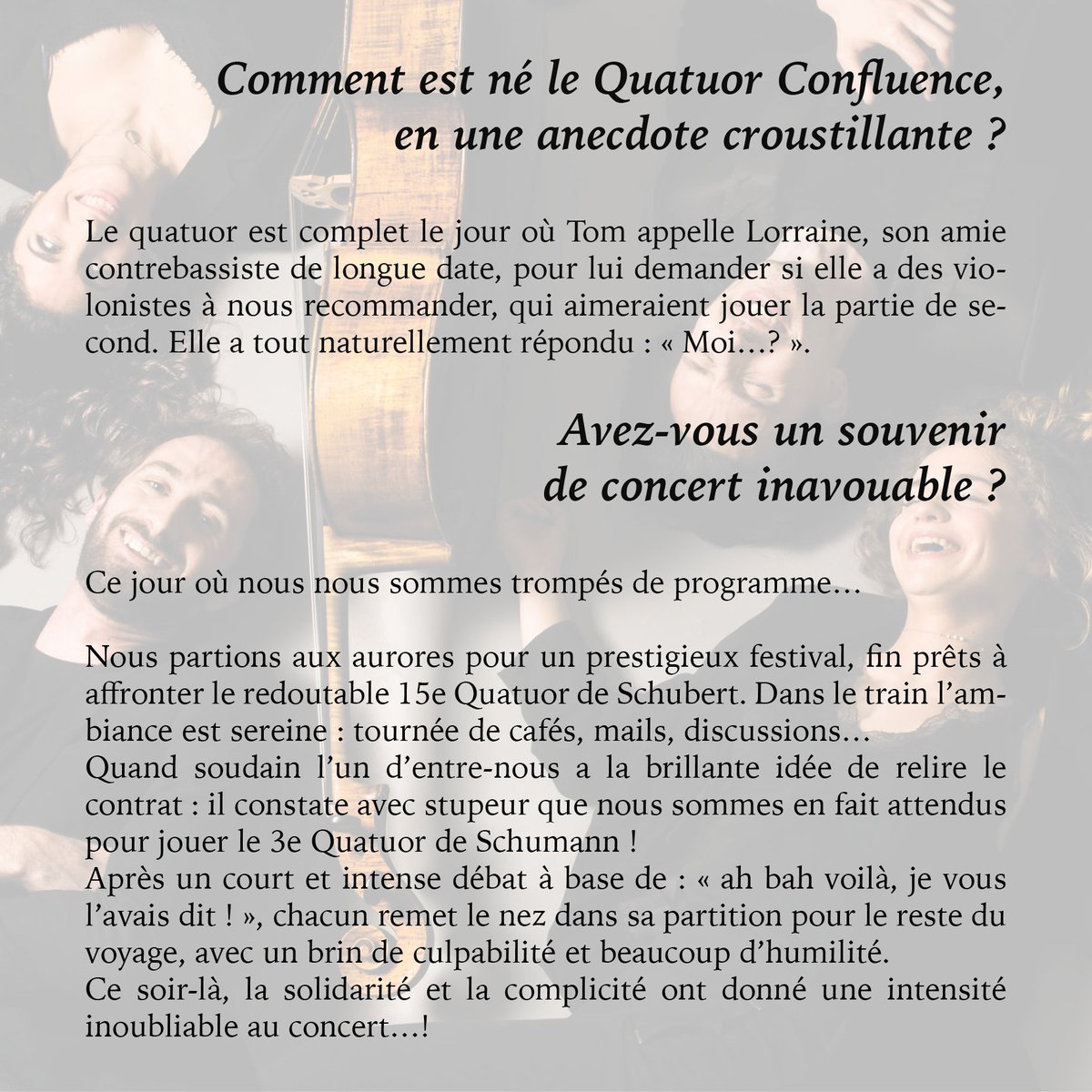 Notre résident le Quatuor Confluence se produira à Grasse cet été : c'est le Centre d'Art des Collines de Grasse qui aura le plaisir de vous le présenter le 22 juillet 2023 à 20h à la Cathédrale !
Réservez vos places : helloasso.com/associations/c…