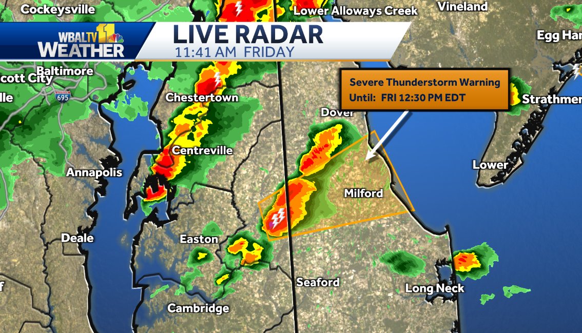 A Severe Thunderstorm Warning has been issued for Caroline County as well as Kent and Sussex County Delaware until 12:30 PM. #mdwx #DEwx