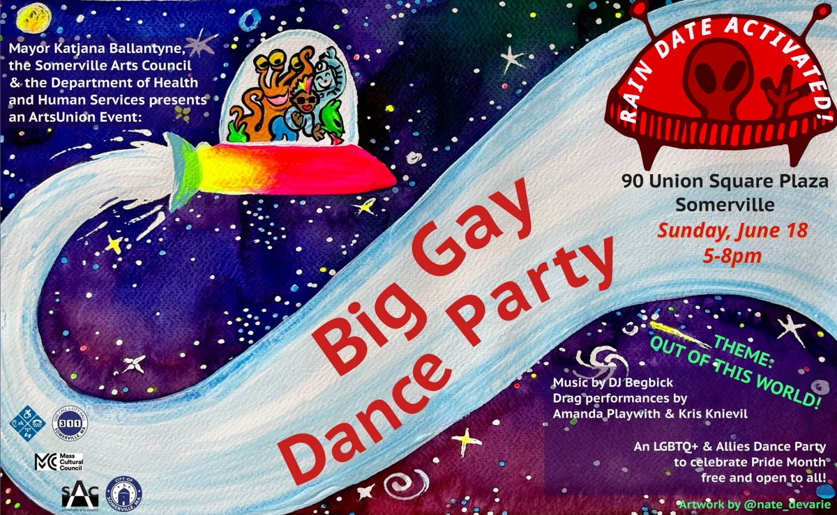 RAIN DATE ACTIVATED! The Big Gay Dance Party has been moved to the rain date on Sunday, June 18th, same time, 5-8pm. Bring your party shoes (or rain boots) to dance!!! Make sure to wear your space outfits for this OUT OF THIS WORLD party!