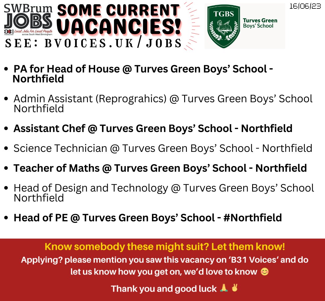 #SWBrumJOBS Vacancies available😁

INFO/APPLY: 👉👉👉 bvoices.uk/jobs

#SWBrumJOBS #BrumJobs #BirminghamJobs @JCPinBirmingham  #TeacherJobs #BirminghamTeacherJobs #EducationJob #Northfield #Bournville #BartleyGreen #KingsNorton #Birmingham #BirminghamUK @TurvesGreenBoys