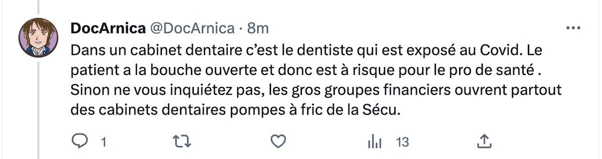 Plus de 40k followers. Et après on s'étonne que les gens soient désinformés sur le Covid. 

Patients ET dentistes sont exposés.

Vous voyez ? le cas Raoult permet de passer à côté de cette désinformation généralisée.